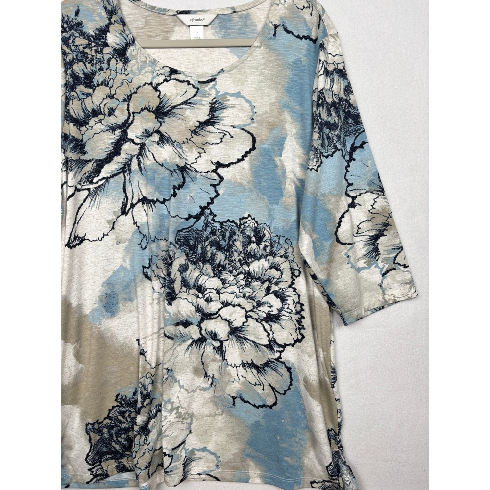CJ Banks Floral Linen Blend Top Womens 1X Plus 3/4 Sleeve Side Slit